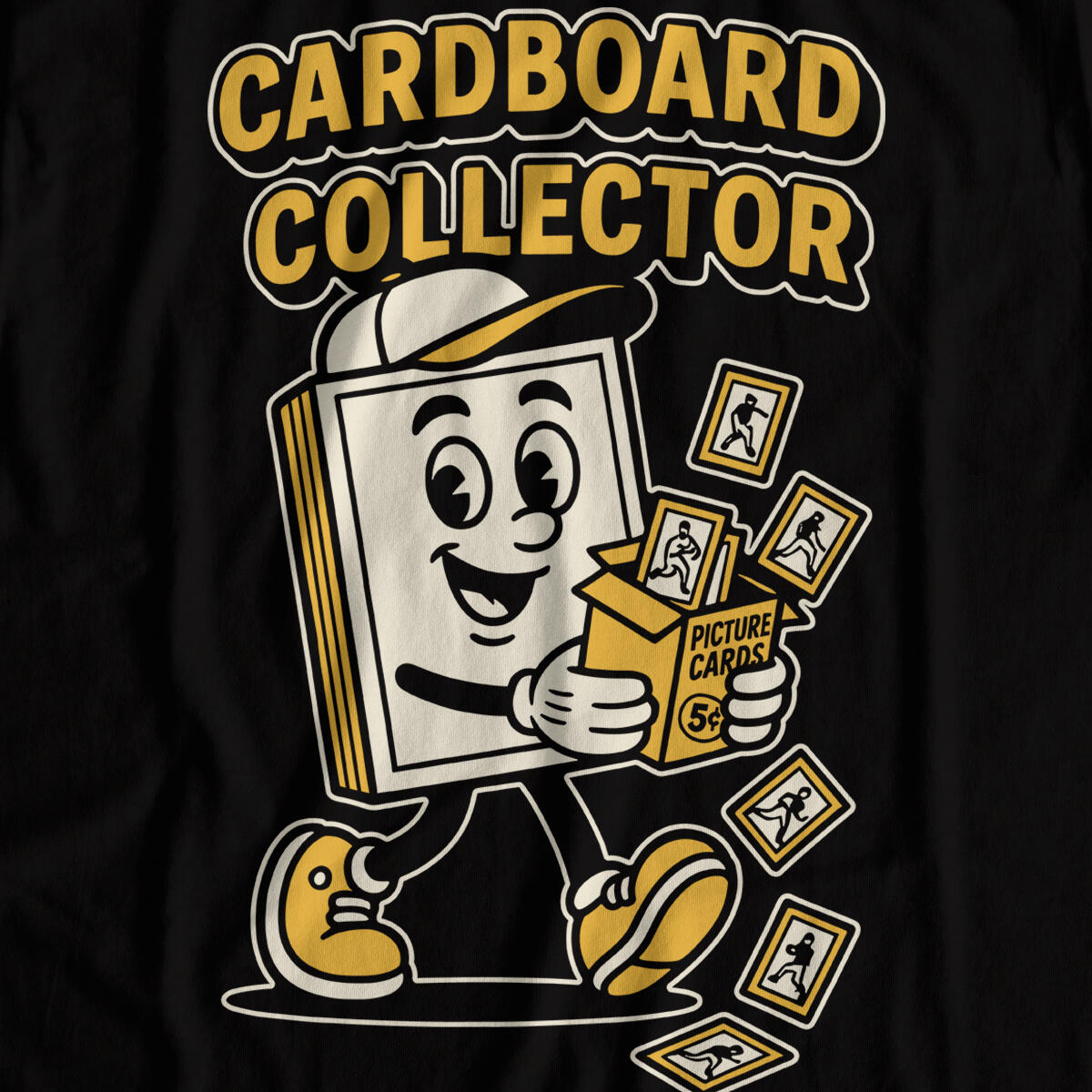 Full design of Cardboard Collector shirt with smiling cartoon card character tossing vintage trading cards
