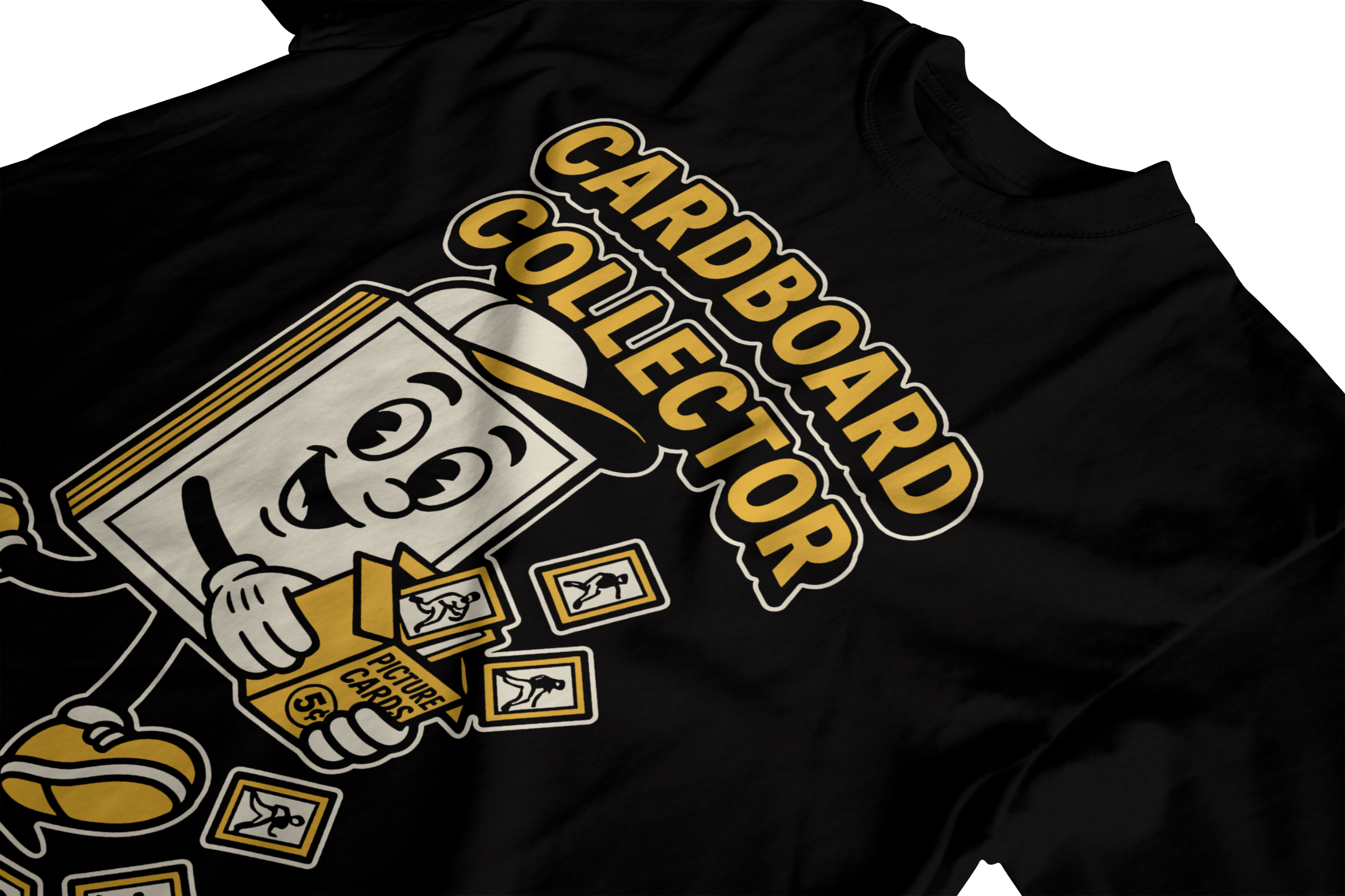 Cardboard Collector t-shirt folded flat featuring retro cartoon mascot holding trading cards